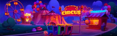 Geceleri parlak neon ışıkları olan bir lunapark. Sirk çadırı, dönme dolap, çocuk eğitimi ve atlıkarınca, patlamış mısır ve ateş büfesi olan karnaval ya da lunapark manzarasının karikatür akşam çizimi.