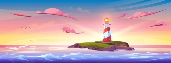 Sommer Sonnenuntergang Oder Sonnenaufgang Cartoon Landschaft Mit Leuchtturm Der Felsigen — Stockvektor
