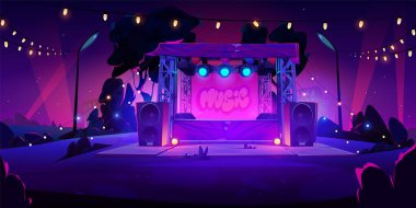 Geceleri hoparlörler ve spot ışıklarıyla açık hava müzik festivali sahnesi. Yaz Alacakaranlık Şehir Parkı manzarasının karikatür vektör çizimi. Parlak lambalı boş müzisyen performansı sahnesi..