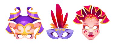 Maskeli balo ya da festival için karnaval maskeleri. Çizgi film vektör kostüm parçaları tüy ve süs ile yüz kamuflajı için ayarlandı. Geleneksel tiyatro ya da Mardi Gras partisi kılık değiştirme unsuru.