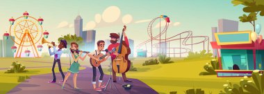 Sokak müzisyenleri bandosu müzik enstrümanları çalıyor ve lunaparkta şarkı söylüyor. Çizgi film açık hava gösterisi - gençler gitar, kontrabass, flüt ve trompet çalar ve şapka içinde para toplarlar.