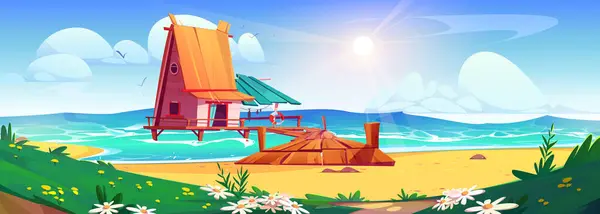 Casa Zanja Con Muelle Cerca Playa Ilustración Vectorial Verano Tailandia — Vector de stock