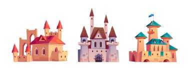 Beyaz arka planda izole edilmiş bir grup ortaçağ kalesi. Peri masalı krallığının, kuleleri, taş duvarları, gotik pencereleri, kapılarındaki demir parmaklıkları olan eski kraliyet kalelerinin vektör çizimi.