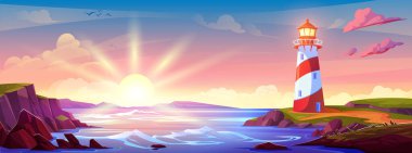 Gün batımında deniz feneri olan bir ada sahili. Pembe gökyüzünün üstündeki aydınlık ev ve sarı güneş ışığı huzurlu deniz manzarası arka planında. Akşam tasarımı için deniz taşı kıyı şeridi