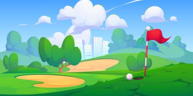 Cartoon golf field in city park with hole, pin flag, and ball. Vector summer town landscape with golfcourse on hills with green grass and sand areas over multistorey buildings and clouds in sky. clipart