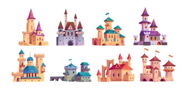 Ortaçağ kale ikonu vektör karikatür krallığı ayarlandı. Antik peri masalı kalesi ve fantezi inşa mimarisi dış görünüş. Bayrak ile izole edilmiş kale koleksiyonu tasarımı. Prenses kulesi çizimi