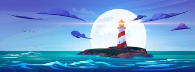 Gece denizindeki deniz feneri Rock Island manzara çizimi. Dolunayın üzerindeki okyanus suyunda, uçurumun tepesinde bir fener. Oregon 'daki deniz manzaralı navigasyon binası. Navigasyon ışık ışını