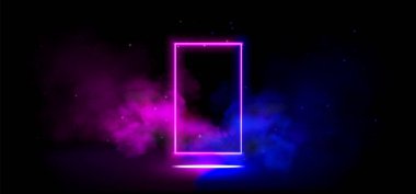 Neon light frame in cloud of smoke on black background. Vector realistic illustration of rectangle pink and blue border, transparent haze, stars sparkling in night sky, nightclub stage decoration clipart