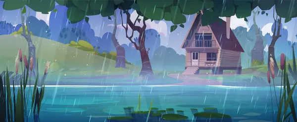 Cartoon panoramic forest landscape with wooden hut on shore of pond surrounded by trees and bushes in rain. Vector illustration of cottage on tilts made of wood in rainy weather by lake or river side.