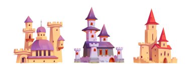 Peri masalı ortaçağ kraliyet kalesi kulelerinde, pencerelerinde ve kapılarında bayraklar var. Karikatür vektör çizimleri, krallar, kraliçeler ve prensesler için taş duvarları olan antik saraylar ve kaleler..