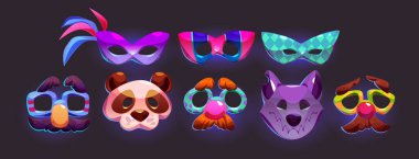 Karnaval maskeleri siyah arka planda izole edilmiş. Tüylü, gözlüklü, palyaço burunlu, bıyıklı, hayvan ağızlıklı yüz için maskeli parti kostümlerinin vektör çizimi