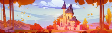 Magic princess medieval castle vector background with autumn fairytale landscape. Fantasy kingdom scene with old palace above cloud in sky. Beautiful royal queen chateau building in fall season clipart