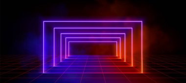 Şebeke arka planında 3 boyutlu ışık portalı perspektifi. Mavi ve kırmızı neon dikdörtgenin vektör gerçekçi çizimi, şeffaf duman bulutları, retro kablo çerçevesi, 80 'lerin disko sahne tasarımı