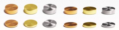 Metal silindir ürün podyumları farklı boyutlarda ve açılarda. Gerçekçi 3D altın, gümüş ve bronz yuvarlak vektör seti ürün tanıtımı ya da ödüllü kazanan anlamına gelir. Çember sütun modeli.