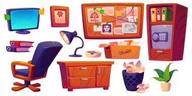 Dedektif odası mobilya ve ekipman. Karakol ve suç bürosu elemanlarının çizgi film vektör seti - masa ve sandalye, soruşturma haritası tahtada, dokümanlar ve güvenli kutu rafları.