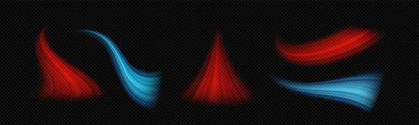 Свежие холодные и теплые воздушные волны с эффектом ветра. Реалистичный векторный набор иллюстраций синих и красных струй холодного и горячего потока. Прозрачный очистительный ветер и нагревательный удар или волшебный дым.