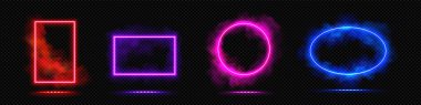 Dumanla parlayan neon çerçeve. Dikdörtgen ve yuvarlak şekilli ışık fütüristik kapısı veya buharlı sihirli portal gerçekçi vektör illüstrasyon seti. Renkli hat sisli ışıltılı siber sınıra yol açtı.