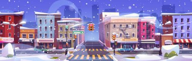 Cartoon winter landscape of city street intersection with cars riding road with traffic lights and signs, cross and sidewalks, multistorey buildings with shops. Snow covered urban scene with highway clipart