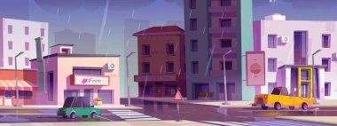 Yağmurda şehir caddesi kavşağı - karikatür vektör şehir manzarası. Dükkanı ve kafesi olan çok katlı binalar, kavşağı olan arabalar, yağmur damlaları altında kaldırımlar ve su birikintileri..