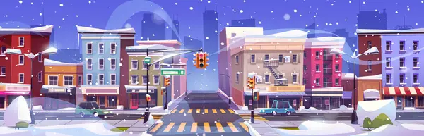 stock vector Cartoon winter landscape of city street intersection with cars riding road with traffic lights and signs, cross and sidewalks, multistorey buildings with shops. Snow covered urban scene with highway