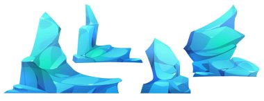 Buz blokları beyaz arkaplanda izole edildi. Mavi buzdağı parçalarının vektör çizimi, kuzey kutbu buzulu, soğuk okyanus yüzeyleri, donmuş su kristalleri, kış oyunu manzara tasarımı elementleri.