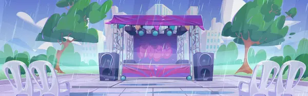 Rain in park with outdoor music festival stage. Rainy weather on open air public live rock party performance. Empty disco tent for fest or wedding celebration in garden with cityscape view cartoon.