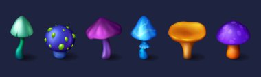 Oyun ormanı arayüzü dizaynı için sihirli mantar. Karanlık arka planda izole edilmiş çeşitli fantastik peri masalı mantarlarının çizgi film vektör çizimleri. Zehir yapmak için psikedelik uzaylı mantarları.