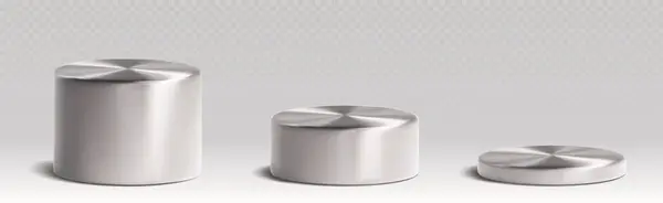 Srebrny Metaliczny Cylinder Produktu Podiums Różnej Wysokości Realistyczny Wektor Ilustracji — Wektor stockowy