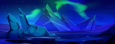 Aurora Borealis 'li gece antarktik manzarası. Deniz suyunda yüzen buzdağı parçalarının vektör çizimi, gökyüzünde parlayan renkli kuzey ışıkları, kuzey kutbu, kış oyunu manzarası tasarımı