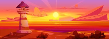 Deniz fenerine karşı deniz manzarası. Sakin suyun üzerinde seyrüsefer feneri kulesi olan Akdeniz kıyı şeridinin vektör çizimi. Gökyüzünde bulutlar olan güzel bir gündoğumu deniz manzarası.