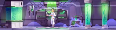 Female scientist in spaceship laboratory. Vector cartoon illustration of woman working in futuristic science lab, plants in glass capsules filled with green gas, robotic arms, data on computer display clipart