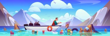 Man floats in boat on ocean or sea and collects garbage from water with net. Cartoon vector male person cleaning environment from pollution. Volunteer cleanup lake littered with trash and waste. clipart