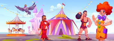 Lunaparktaki sirk ya da karnaval sanatçıları. Göstericilerin çizgi film çizimleri lunaparkta sergilenebilir. Atlıkarıncaların, şatonun ve sirkin önünde sunucu, palyaço ve güçlü adam..