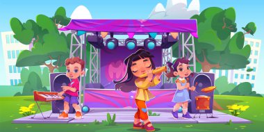 Children music band perform with instruments in front of scene in city park. Cartoon vector illustration of outdoor kid concert on talent festival. Kindergarten or school creative artistic activity. clipart