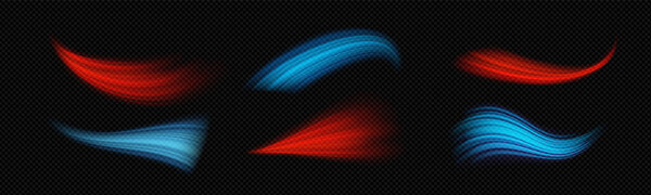 Эффекты холодного и горячего потока воздуха устанавливаются изолированно на прозрачном фоне. Векторная реалистичная иллюстрация вихрей красного и синего цветов, элементы дизайна системы климат-контроля, свежий бриз, теплые ветровые волны