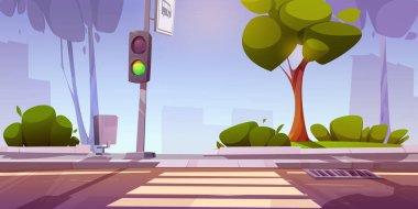 Yol kavşağı ve yeşil trafik ışığı olan şehir caddesi. Yaz kasabasında ağaçlı yaya geçidinin vektör çizimi, kaldırımda kanalizasyon ızgarası, otobüs durağı tabelası, şehir manzarası gölgeleri.