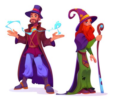 Mystical sorcerer with witchcraft powers - cartoon vector set of two male magician characters. Old man with red beard in long robe with purple hat and staff, and warlock with mystery light in hands. clipart