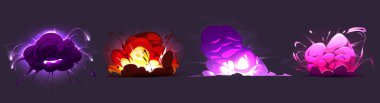 Oyun için sihirli patlama. Çizgi film vektör illüstrasyon seti. Ateşli, dumanlı ve ışıltılı komik renkli patlayıcı efekt. Bomba enerjisi ya da dinamit patlaması bulutlar alev, ışık demetleri ve sis ile