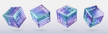 3 boyutlu kristal ışıklı holografik cam küp vektörü izole edilmiş ikon. Gerçekçi geometrik yarı şeffaf blok şekli, mor hologram kırılma ile farklı açılardan ayarlanmış. Geleceğe dönük materyal tırmanışı