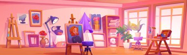 Resim aletleri ve malzemelerle dolu bir sanat stüdyosu. Teçhizat ve malzemelerle yaratıcı atölyenin çizgi film vektör çizimi - sehpa ve tripod standı, kağıt ve fırça, alçı modeller.