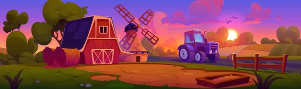 Cartoon farm landscape on sunset or sunrise with barn, wind mill and tractor standing on field. Vector illustration of rural agriculture house and equipment in ranch scenery under pink gradient sky.