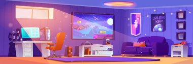 Oyun odasının içi oyun ve yayın için. Masada bilgisayar, monitör ve kulaklık, konsollu televizyon, duvarda neon elementler, kanepe ve mobilya ile e-spor kurulumunun çizgi film vektörü.
