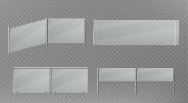 Cam korkuluklar şeffaf arkaplanda izole edildi. 3D plastik bariyerin vektör gerçekçi çizimi, ev ya da ofis iç tasarımı için merdiven çıkıntısı, metal direklerdeki pleksiglas çit