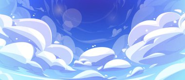 Mavi anime cennet bulutu gökyüzü vektör arkaplanı. Beyaz kümülüs bulutlu, eğimli hava sahnesi. Yumuşak, güneşli oyun manzaralı panorama duvar kâğıdı. Güzel açık hava tasasız çevre çizimi
