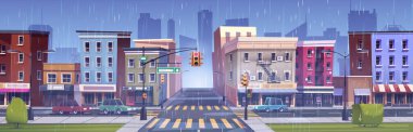 Yağmurlu havada şehir caddesi kavşağı. Su birikintileri olan ıslak şehir yolundaki arabaların vektör çizimi, kafesi ve dükkanları olan modern bina cepheleri, trafik işaretleri ve ışıkları, bulutlu gökyüzü