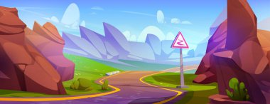 Yeşil çimen, trafik işareti ve güneşli gökyüzünde bulutlar olan dağlarda boş virajlı bir yol. Yaz gününün karikatür çizimi kayalık tepeler ve seyahat konsepti için asfalt karayolu..