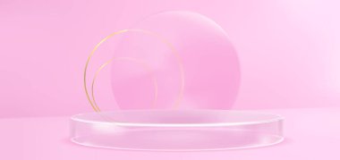 Cam şeffaf yuvarlak ürün podyumları. Pastel pembe zemin ve duvarlı sahne. Pleksiglass 'ın gerçekçi vektörü veya plastik silindir, ürün görüntüsü için. Kristal veya akrilik sütun modeli.