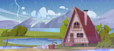 Yağmurlu havada dağ gölü yakınlarında ahşap kulübe. Verandalı ve merdivenli kırsal evin vektör çizimi, bahçedeki su birikintileri, ağaçlardaki ve çalılardaki yeşil yapraklar, bulutlu gökyüzündeki şimşekler