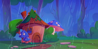 Magic wonderland with fairy wooden house with mushrooms under rain. Cute tiny fantasy home with windows and door in forest. Cartoon summer rainy landscape with path to gnome or elf wood hut. clipart