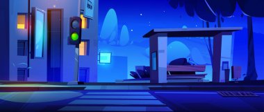 Geceleri kaldırımda yaya geçidi, yol, trafik ışığı ve otobüs durağı var. Karikatür vektör çizimi. Otoyolun yakınındaki boş karanlık akşam kaldırımı. Yaya geçidi ve binaları var..